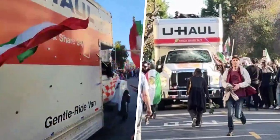 Manifestantes rodean un camión U-Haul tras arremeter contra la multitud durante una protesta en Westwood, Los Ángeles, el domingo.