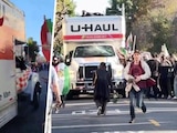 Manifestantes rodean un camión U-Haul tras arremeter contra la multitud durante una protesta en Westwood, Los Ángeles, el domingo.