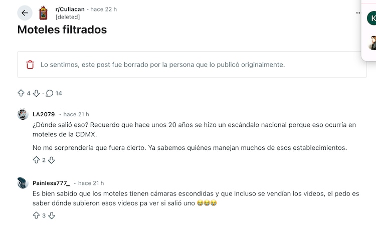 Publicación de Reddit sobre los videos de moteles que supuestamente se filtraron