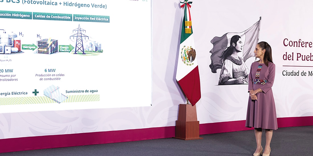 Claudia Sheinbaum, en conferencia sobre el proyecto Oasis de BC, ayer.