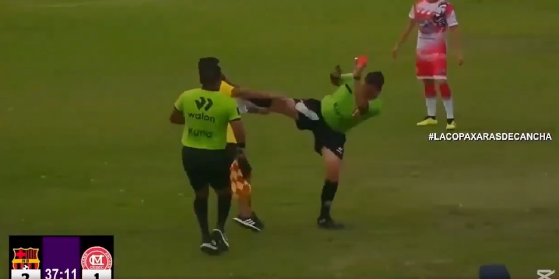 Momento exacto en el que árbitro suelta patada.