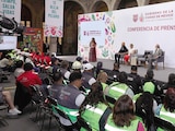 Clara Brugada al hablar sobre el simulacro del miércoles, ayer, en conferencia.