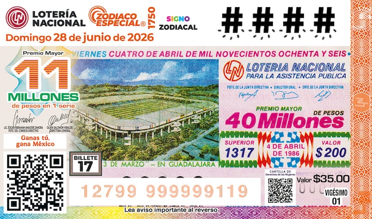 El billete del Sorteo Zodiaco Especial 1747 estuvo dedicado al Mundial 2026 17-18 del Álbum Retro Lotería Nacional y el futbol 2026.