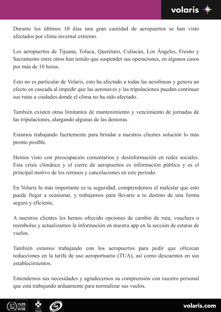 Comunicado de Volaris sobre vuelos cancelados y con retraso