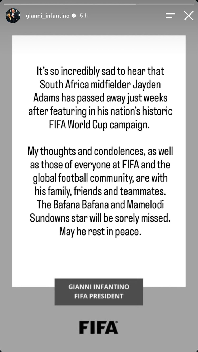 El mensaje de Gianni Infantino tras la muerte de Jayden Adams.