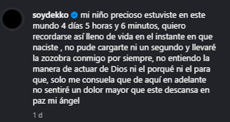 Dekko y su novia Natalia Ángulo anuncian que perdieron a su bebé recién nacido