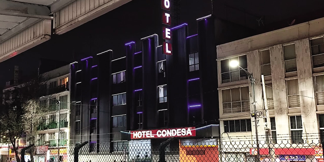 Toma del Hotel Condesa, sobre la Calzada de Tlalpan, en el que una mujer trans fue asesinada en 2023. Imagen del 11 de diciembre.