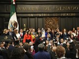 Tribuna en la Vieja Casona de Xicoténcatl, sede alterna para discutir la Reforma Judicial.