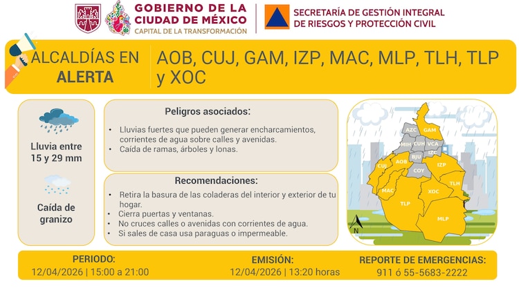 Alerta por lluvia en CDMX 12 de abril