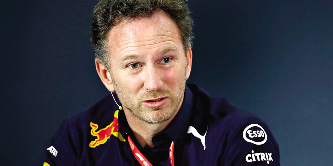 Christian Horner en una conferencia de prensa en 2023, con Red Bull.