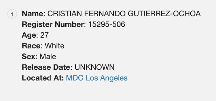 En Estados Unidos, detuvieron a Cristian Gutiérrez Ochoa, alias ‘El Guacho’, y fue registrado en el sistema penitenciario