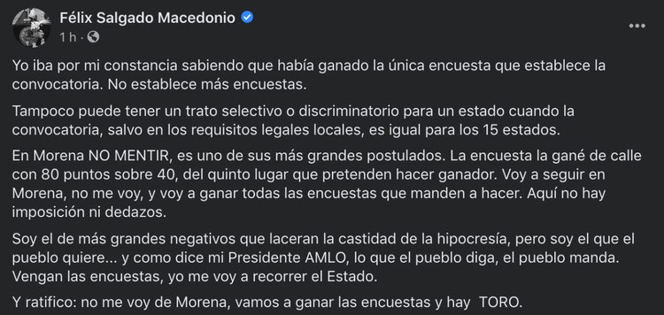 Publicación de Felix Salgado en su cuenta de Facebook.