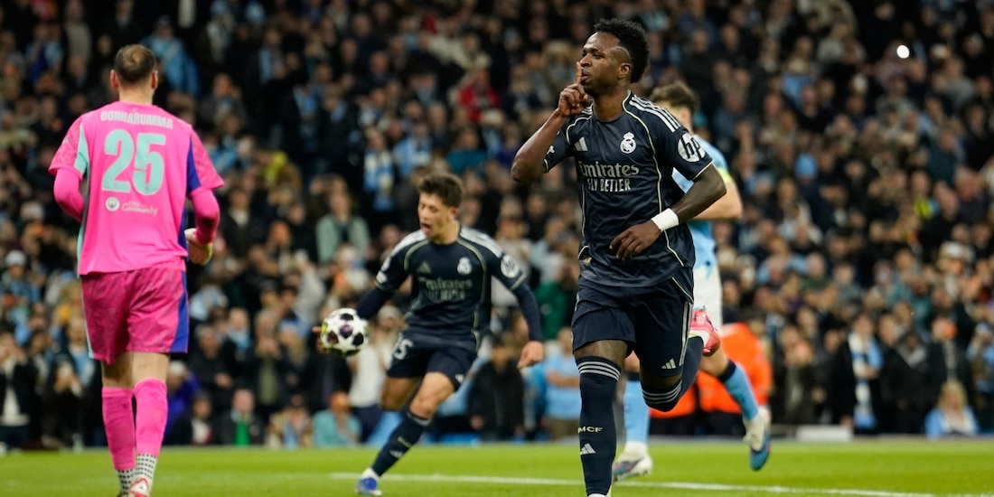 Vinícius festeja su gol en la vuelta de octavos de final de Champions League entre Real Madrid y Manchester City.