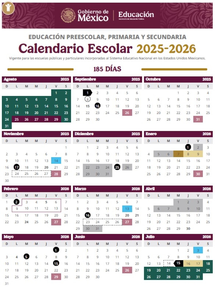Calendario ORIGINAL de la SEP para el ciclo escolar 2025 - 2026.