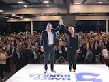 Maru Campos y Marco Bonilla durante la presentación del Quinto Informe de Gobierno en Expo Chihuahua.
