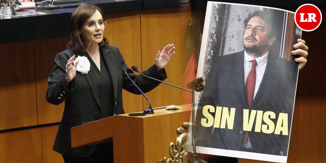 La senadora Lilly Téllez, del PAN, y una fotografía de Andrés Manuel López Beltrán, el 19 de agosto de 2026.