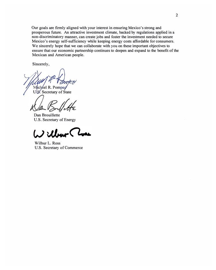 Segunda página de la carta de los secretarios de Estado de EU.