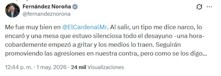 Mensaje de Noroña en X.