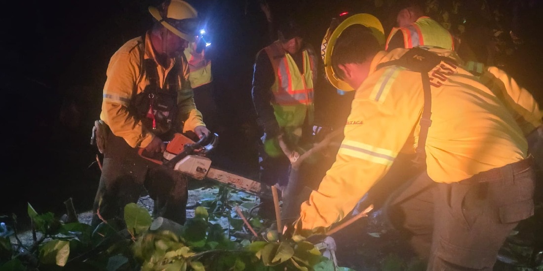 Avanzan labores de auxilio en San Francisco Ixhuatán tras tormenta en Oaxaca.