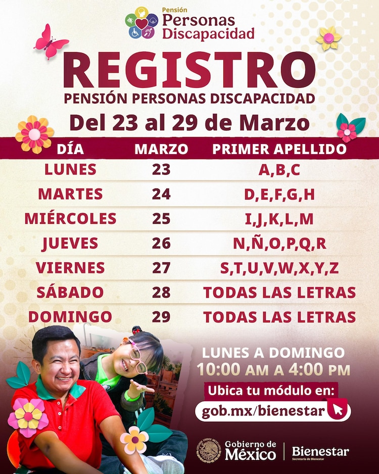 Calendario de registro de la Pensión para Personas con Discapacidad