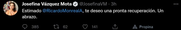 La senadora Josefina Vázquez Mota externó sus buenos deseos para Ricardo Monreal.