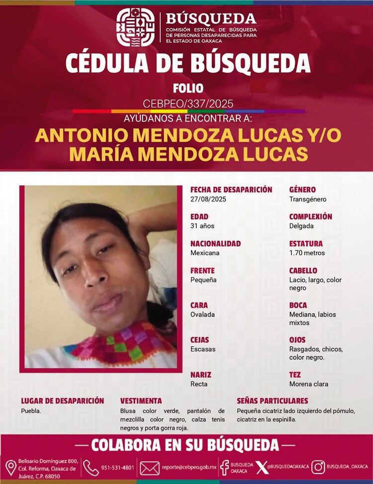 Ficha de búsqueda de la activista, difundida en Oaxaca.