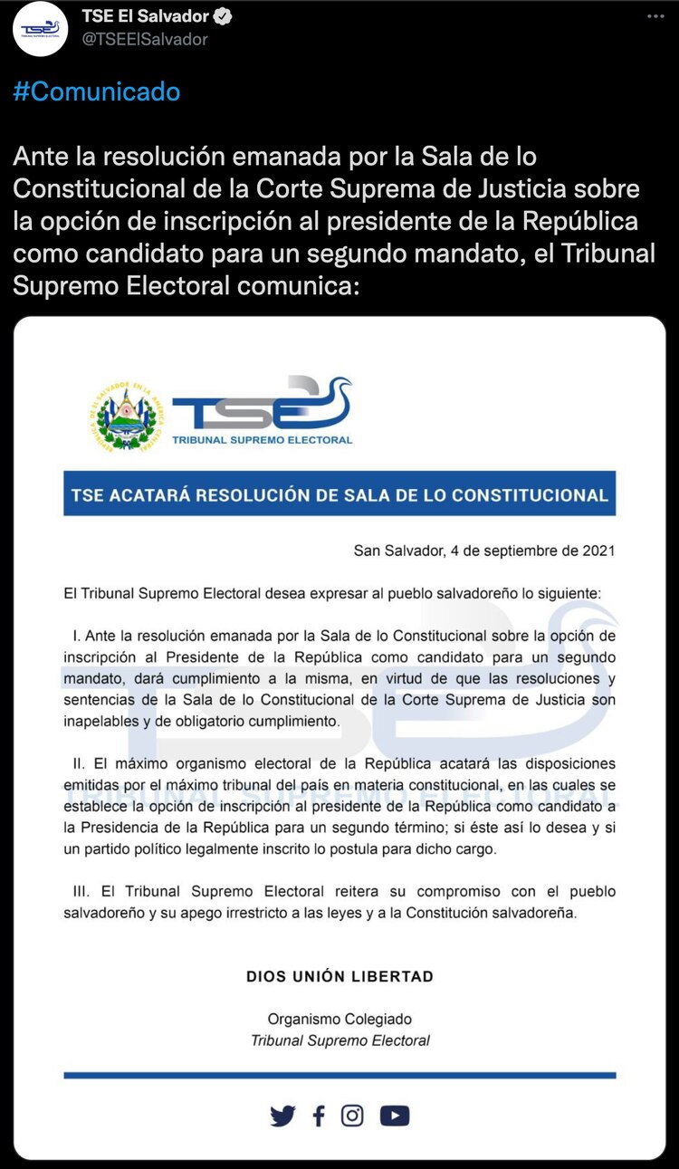 Comunicado del Tribunal Superior Electoral de El Salvador