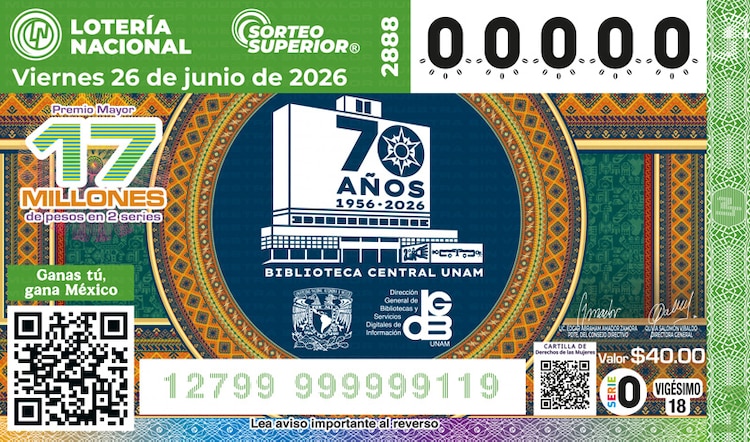 El billete del Sorteo Superior 2888 está dedicado al 70° aniversario de la Biblioteca Central UNAM.