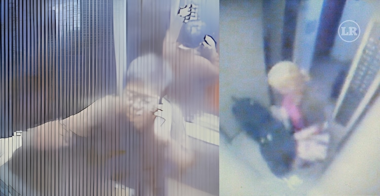Videos del elevador de la residencia de los Matsunaga. A la izquierda Marcos utilizando la ropa con la que fue localizado; a la derecha Elize transportando maletas con partes del cuerpo de Marcos