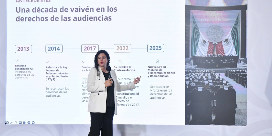 La consejera jurídica del Ejecutivo, Luisa Alcalde, presentó lineamientos sobre derechos de las audiencias, el 28 de julio de 2026.