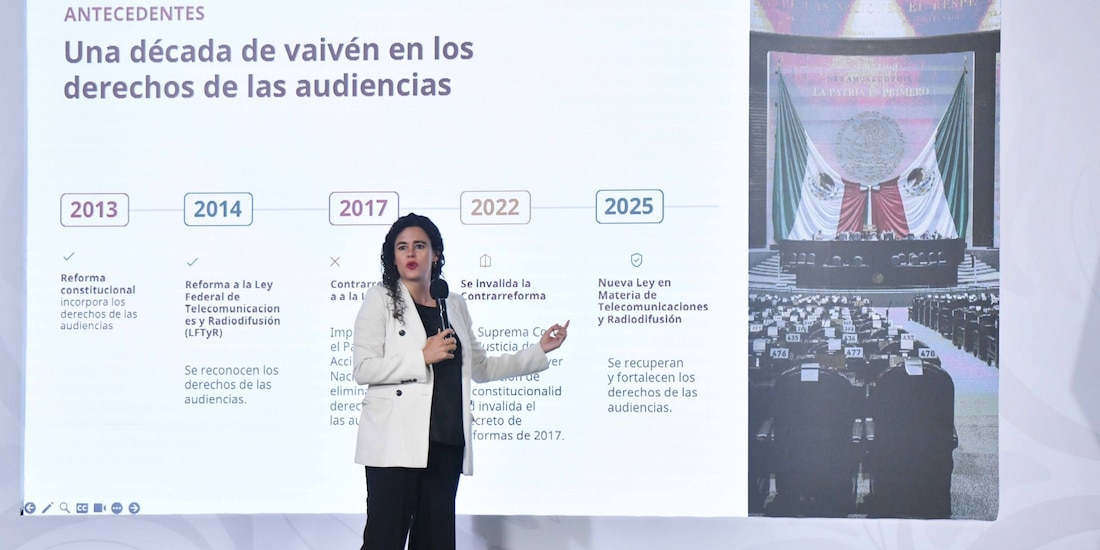 La consejera jurídica del Ejecutivo Federal, Luisa María Alcalde Luján, presentó los lineamientos sobre derechos de las audiencias, el 28 de julio de 2026.