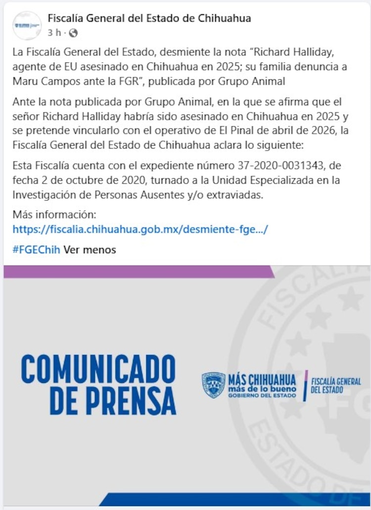 La Fiscalía General del Estado de Chihuahua desmintió que el soldado de EU Richard Halliday fuera asesinado en la entidad durante 2025.