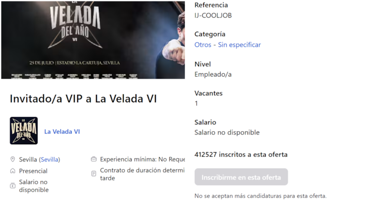 Vacante de Infojobs para asistir a La Velada del Año 6