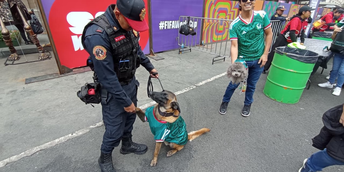 Randy, binomio canino de la SSC que vigila el Fan Fest del Zócalo