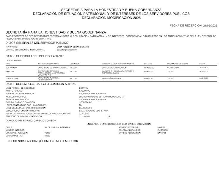 Las últimas declaraciones patrimoniales del gobernador y de dos integrantes de su gabinete; todas constan de una página