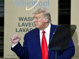 President Donald Trump pumps his fist after speaking during an event at the Whirlpool Corporation Manufacturing Plant, Thursday, Aug. 6, 2020, in Clyde, Ohio. (AP Photo/Tony Dejak)