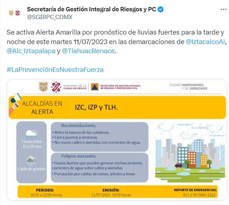 Activan Alerta Amarilla por lluvias en CDMX