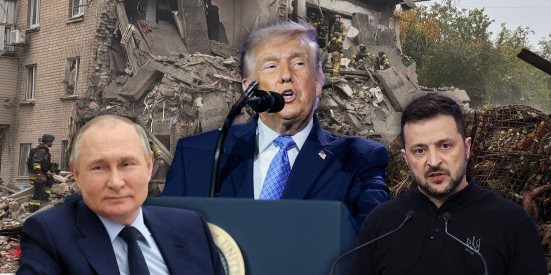 Collage que retrata a los presidentes de EU, Donald Trump (centro); de Rusia, Vladimir Putin (izq.), y de Ucrania, Volodímir Zelenski (der.).