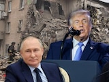 Collage que retrata a los presidentes de EU, Donald Trump (centro); de Rusia, Vladimir Putin (izq.), y de Ucrania, Volodímir Zelenski (der.).