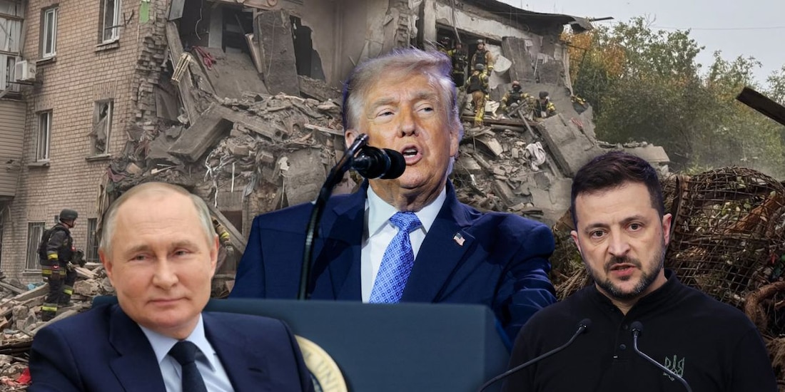Collage que retrata a los presidentes de EU, Donald Trump (centro); de Rusia, Vladimir Putin (izq.), y de Ucrania, Volodímir Zelenski (der.).