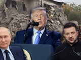 Collage que retrata a los presidentes de EU, Donald Trump (centro); de Rusia, Vladimir Putin (izq.), y de Ucrania, Volodímir Zelenski (der.).
