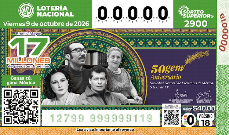 El billete del Sorteo Superior 2300 está dedicado al 50° aniversario de la Sociedad General de Escritores de México.