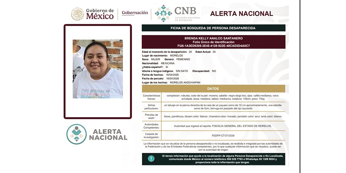 LA VÍCTIMA, en ficha emitida horas después de su desaparición el 16 de abril.