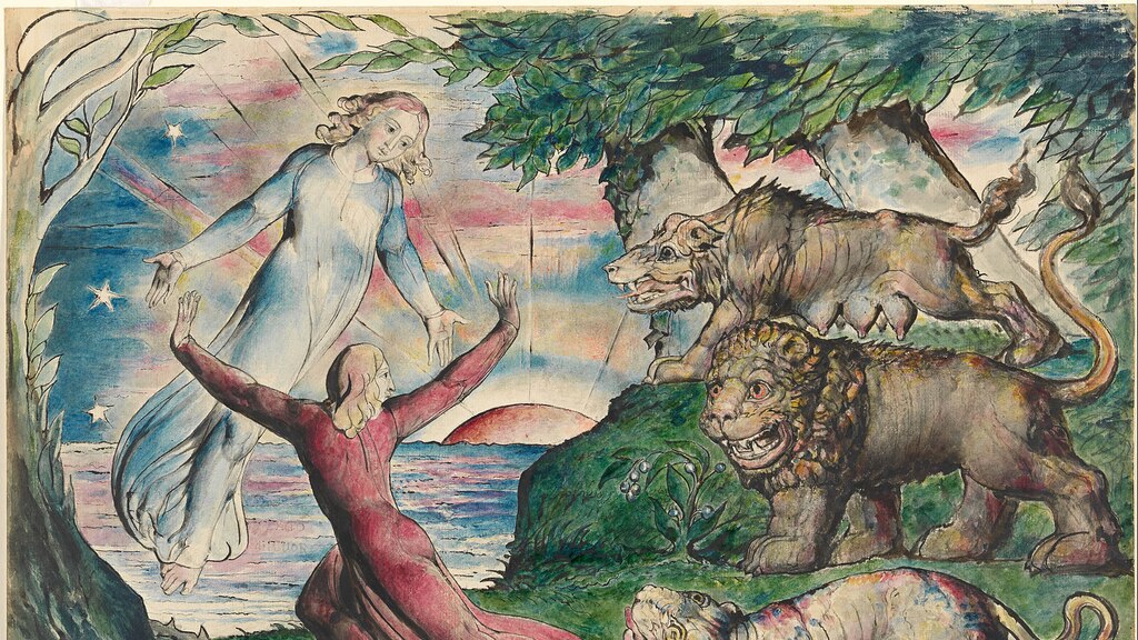 William Blake, Dante huyendo de las tres bestias, tinta, acuarela y lápiz, 1824-1827.