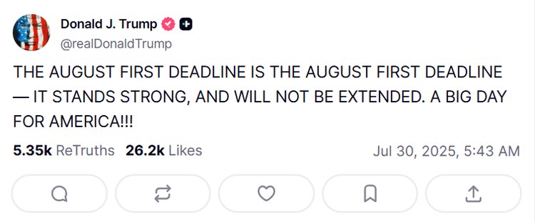 Trump mantiene firme la imposición de aranceles recíprocos para este 1 de agosto.