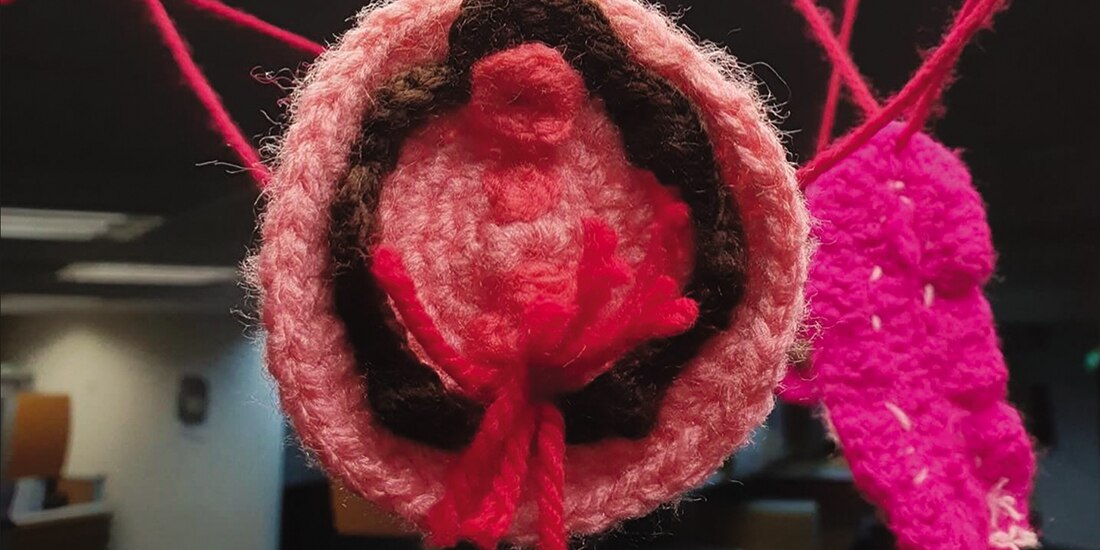 Vulvas bordadas por Fernanda Montiel, con estambre que simula sangre, en 2024,