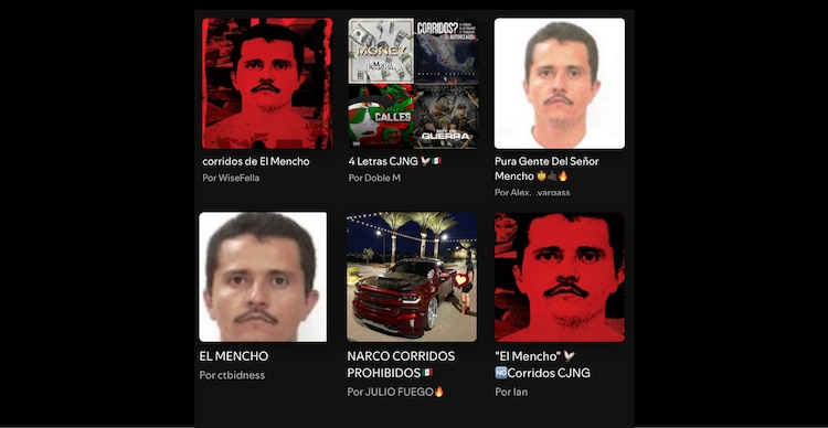 Listas de reproducción con corridos de "El Mencho"