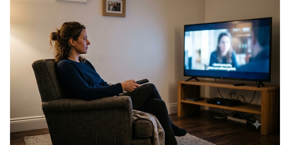 En esta imagen ilustrativa, una persona sentada en un sillón observa la televisión