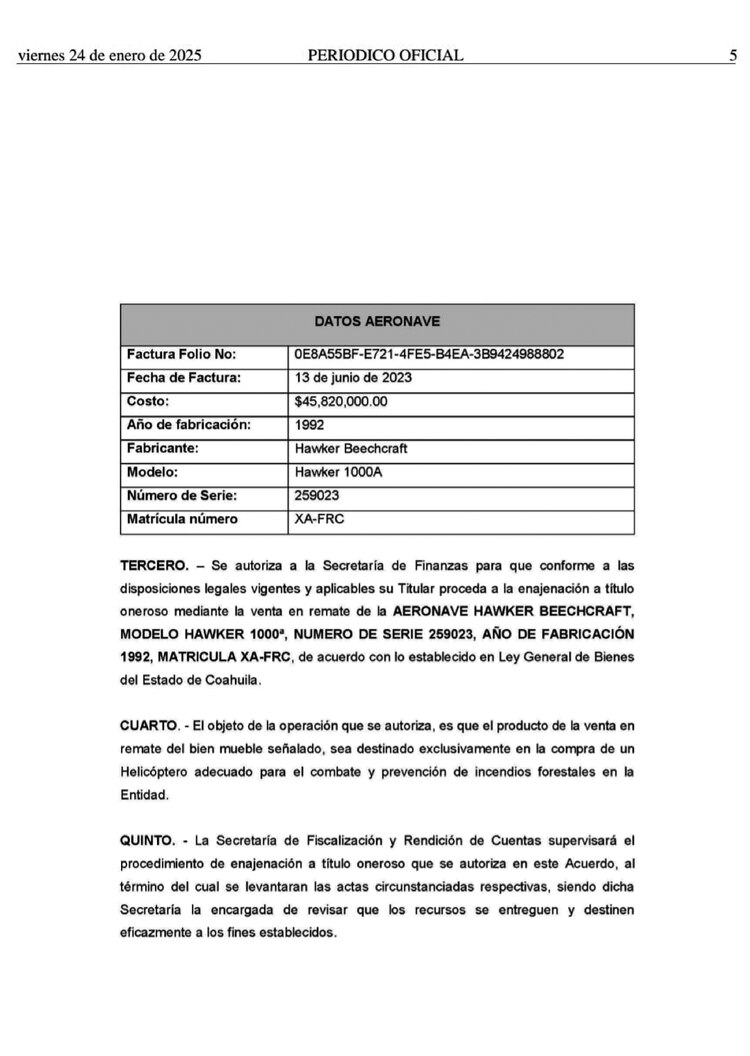 El pasado 24 de enero se publicó en el Periódico Oficial del Gobierno de Coahuila el acuerdo mediante el cual el gobernador Manolo Jiménez autoriza la “venta en remate” del jet de pasajeros.