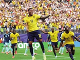 LOS ECUATORIANOS celebran un gol, ayer